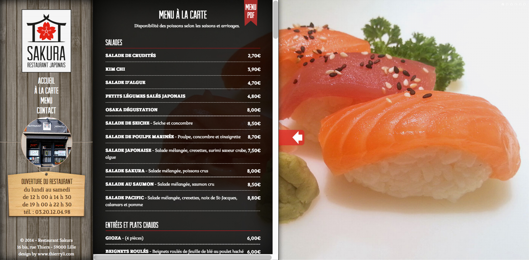 Page de menu du site wwww.restaurantsakura.com