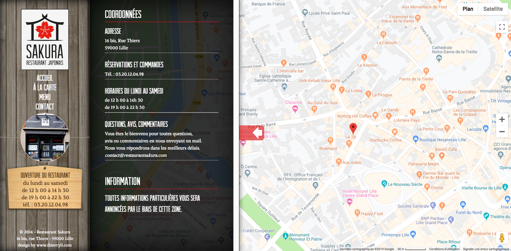 Page de contact avec une carte intéractive en fond du site wwww.restaurantsakura.com